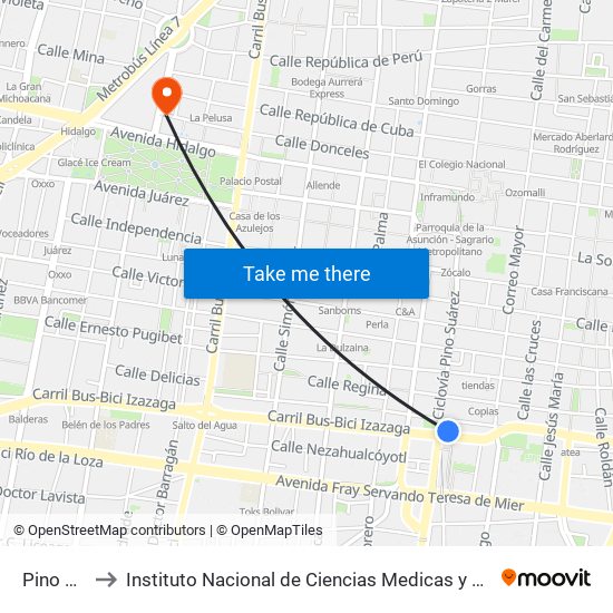 Pino Suárez to Instituto Nacional de Ciencias Medicas y Nutricion Salvador Zubiran map