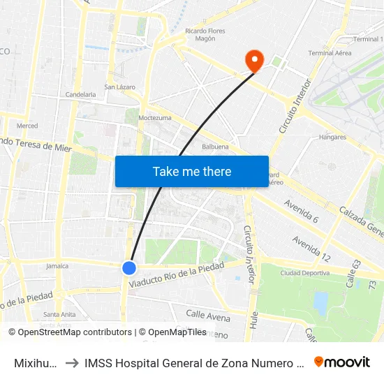 Mixihuca to IMSS Hospital General de Zona Numero 196 map