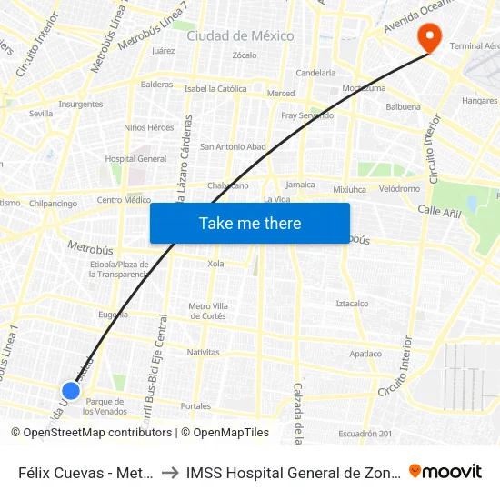 Félix Cuevas - Metro Zapata to IMSS Hospital General de Zona Numero 196 map