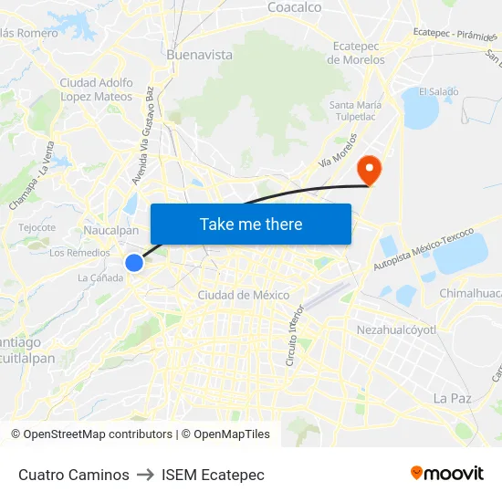 Cuatro Caminos to ISEM Ecatepec map