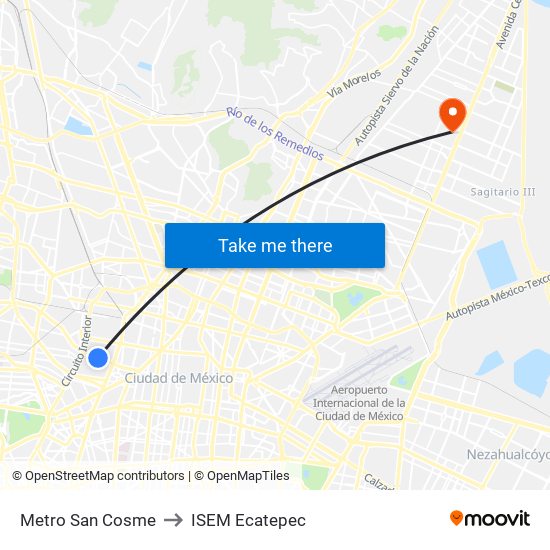 Metro San Cosme to ISEM Ecatepec map