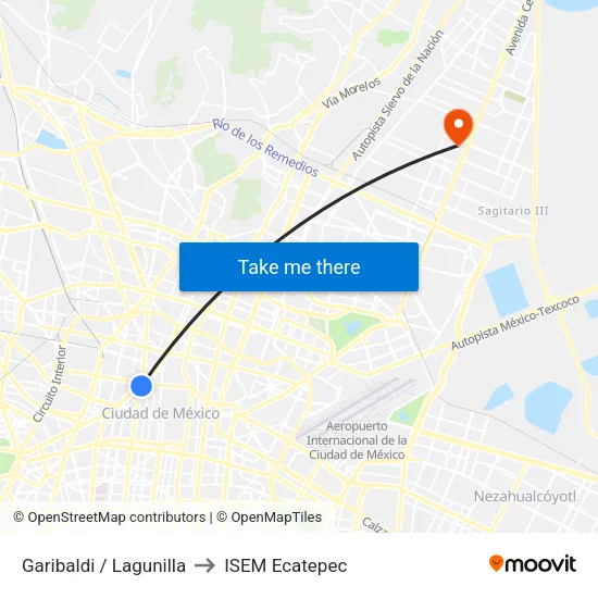 Garibaldi / Lagunilla to ISEM Ecatepec map