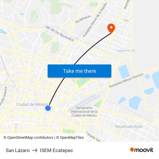 San Lázaro to ISEM Ecatepec map