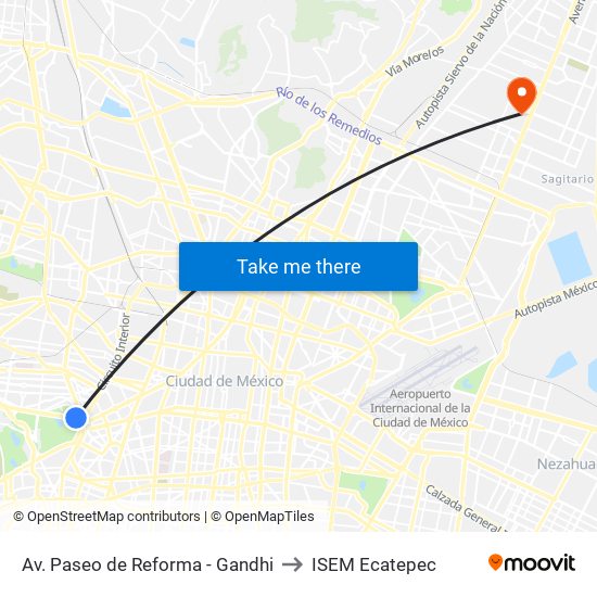 Av. Paseo de Reforma - Gandhi to ISEM Ecatepec map