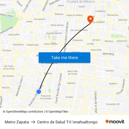 Metro Zapata to Centro de Salud T-II Ixnahualtongo map