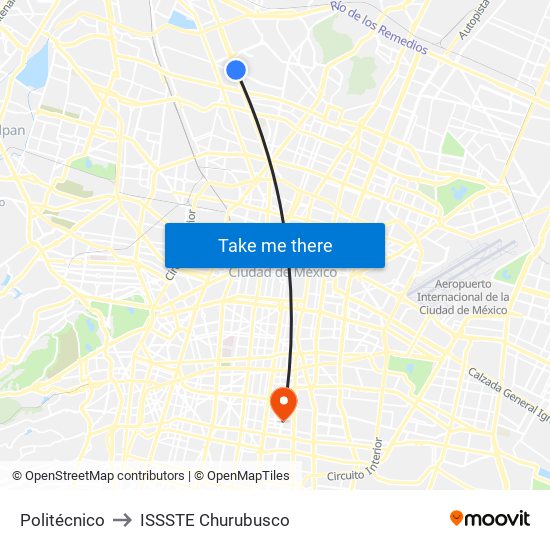 Politécnico to ISSSTE Churubusco map