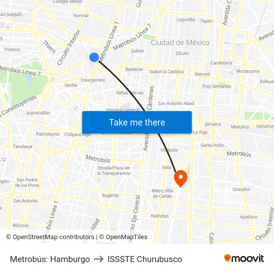 Metrobús: Hamburgo to ISSSTE Churubusco map