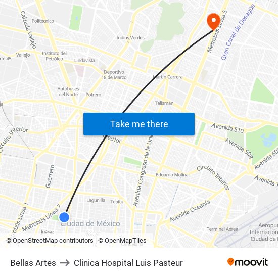 Bellas Artes to Clinica Hospital Luis Pasteur map