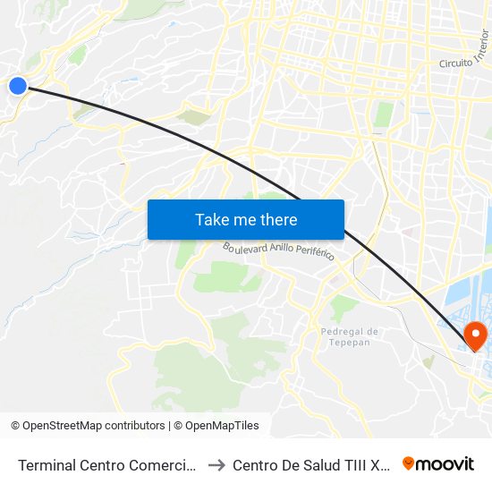 Terminal Centro Comercial Santa Fé to Centro De Salud TIII Xochimilco map