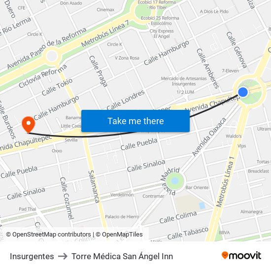 Insurgentes to Torre Médica San Ángel Inn map