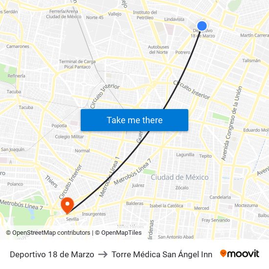 Deportivo 18 de Marzo to Torre Médica San Ángel Inn map