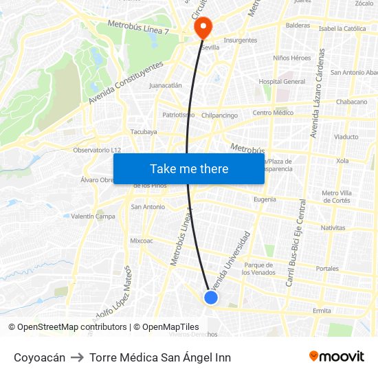 Coyoacán to Torre Médica San Ángel Inn map