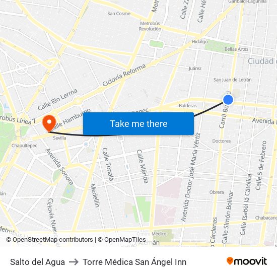 Salto del Agua to Torre Médica San Ángel Inn map