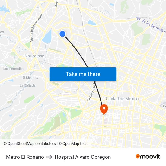 Metro El Rosario to Hospital Alvaro Obregon map