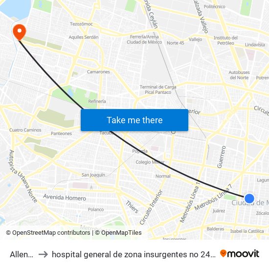 Allende to hospital general de zona insurgentes no 24 IMMS map