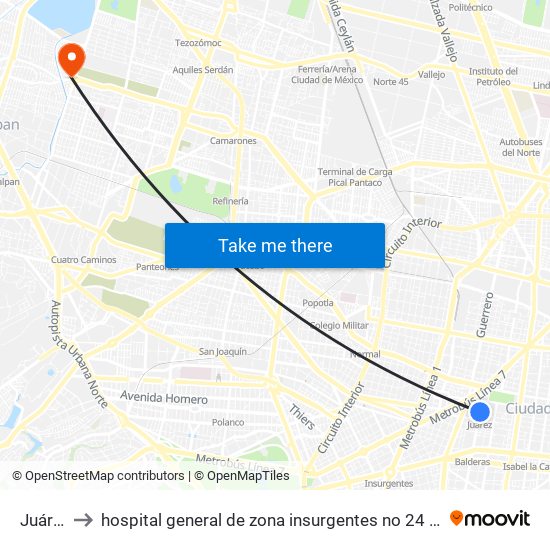 Juárez to hospital general de zona insurgentes no 24 IMMS map
