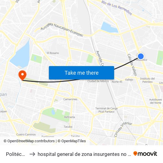 Politécnico to hospital general de zona insurgentes no 24 IMMS map