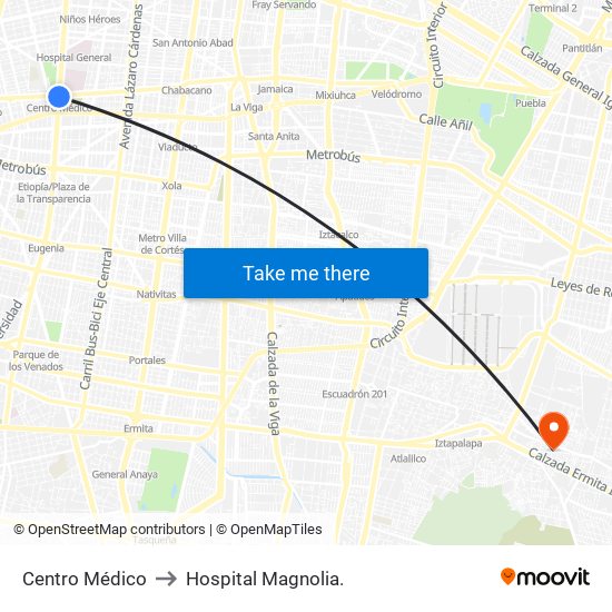 Centro Médico to Hospital Magnolia. map
