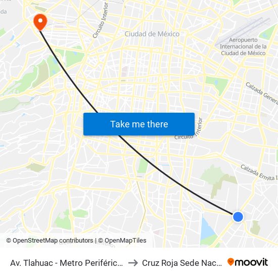 Av. Tlahuac - Metro Periférico Ote. to Cruz Roja Sede Nacional map