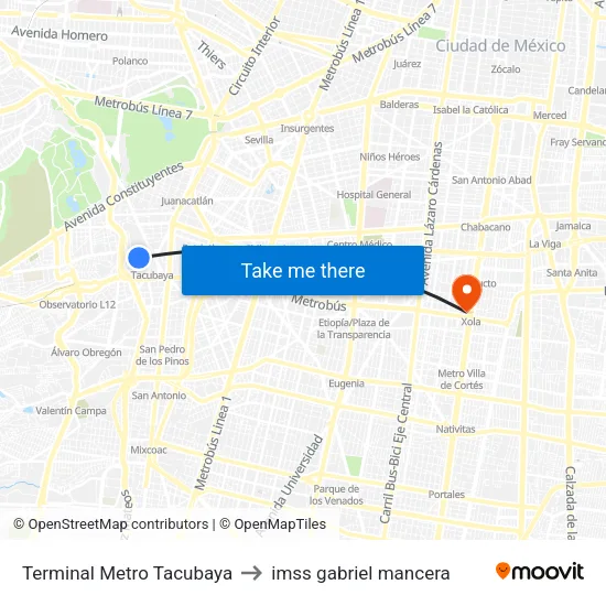 Terminal Metro Tacubaya to imss gabriel mancera map