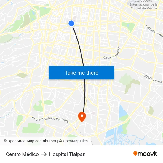 Centro Médico to Hospital Tlalpan map