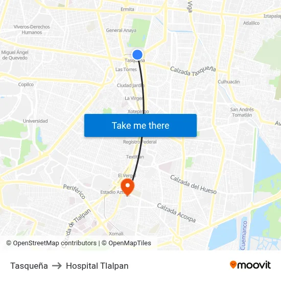 Tasqueña to Hospital Tlalpan map