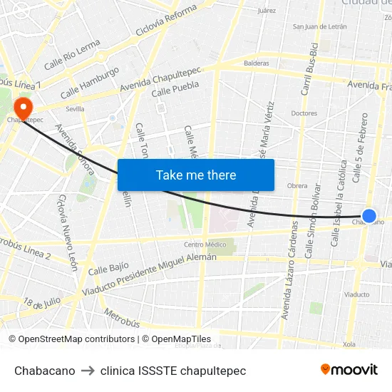 Chabacano to clinica ISSSTE chapultepec map