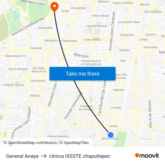 General Anaya to clinica ISSSTE chapultepec map
