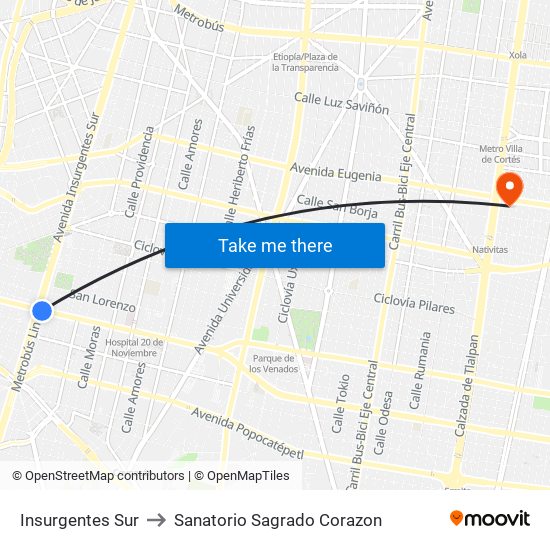 Insurgentes Sur to Sanatorio Sagrado Corazon map