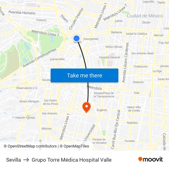 Sevilla to Grupo Torre Médica Hospital Valle map