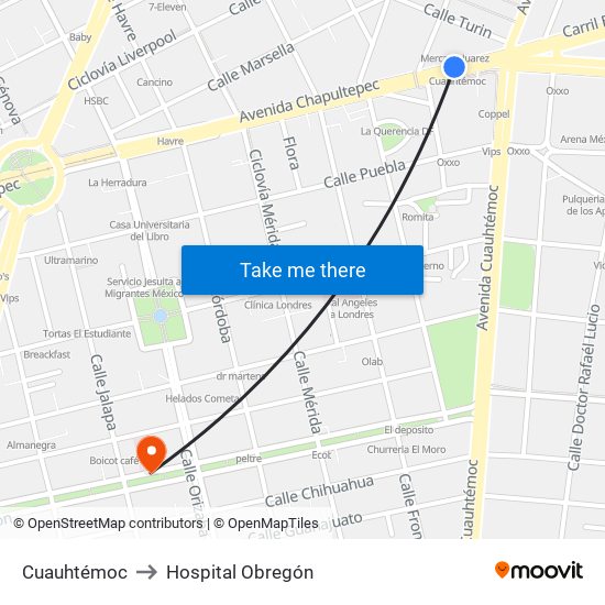 Cuauhtémoc to Hospital Obregón map