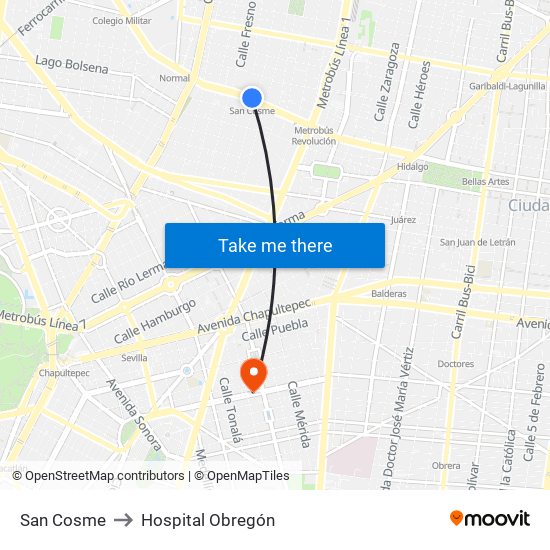 San Cosme to Hospital Obregón map