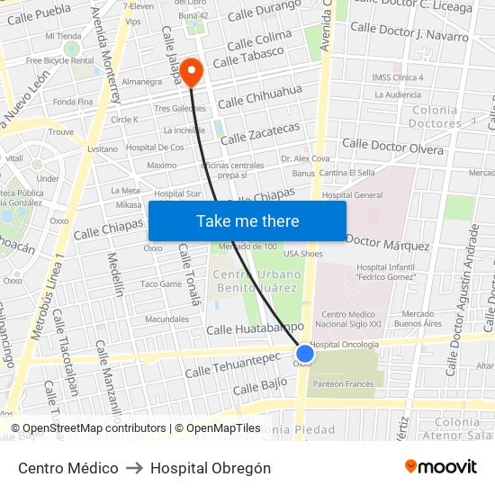 Centro Médico to Hospital Obregón map