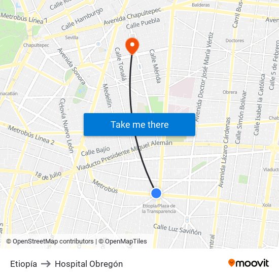 Etiopía to Hospital Obregón map