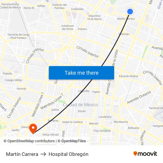 Martín Carrera to Hospital Obregón map