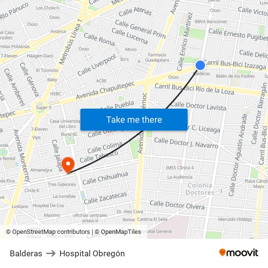 Balderas to Hospital Obregón map