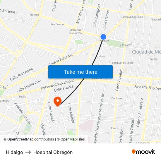 Hidalgo to Hospital Obregón map
