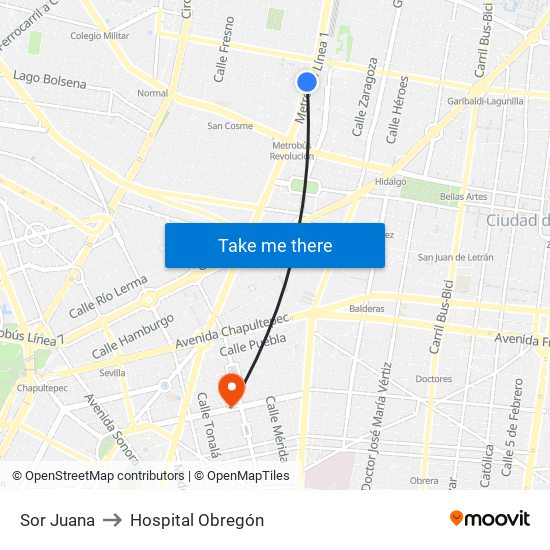 Sor Juana to Hospital Obregón map
