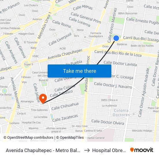 Avenida Chapultepec - Metro Balderas to Hospital Obregón map