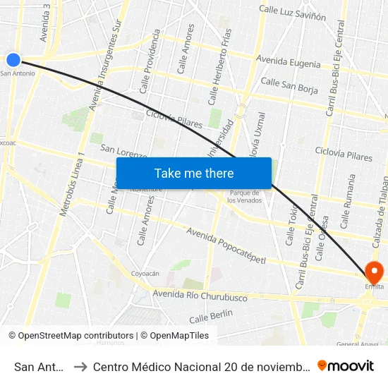 San Antonio to Centro Médico Nacional 20 de noviembre ISSSTE map