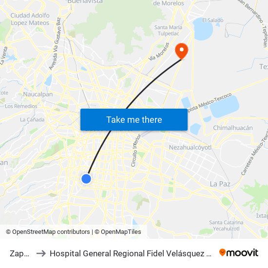 Zapata to Hospital General Regional Fidel Velásquez Sánchez map