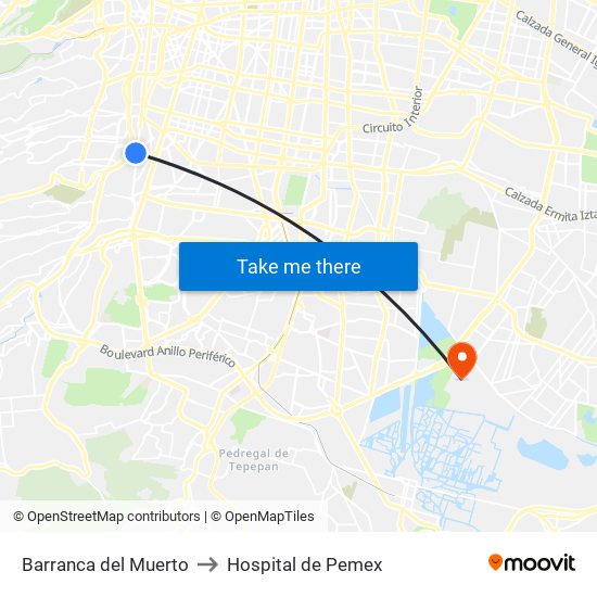 Barranca del Muerto to Hospital de Pemex map
