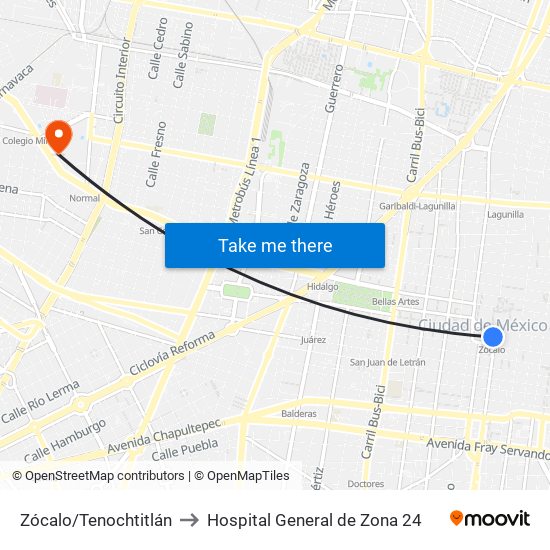 Zócalo/Tenochtitlán to Hospital General de Zona 24 map