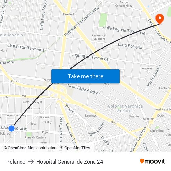 Polanco to Hospital General de Zona 24 map