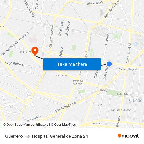 Guerrero to Hospital General de Zona 24 map