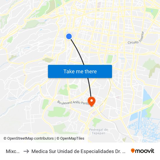 Mixcoac to Medica Sur Unidad de Especialidades Dr. Carlos Báez map