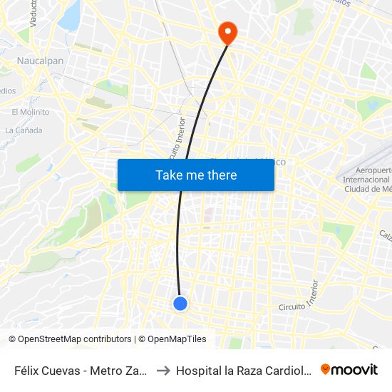 Félix Cuevas - Metro Zapata to Hospital la Raza Cardiologia map