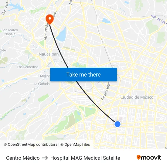 Centro Médico to Hospital MAG Medical Satélite map