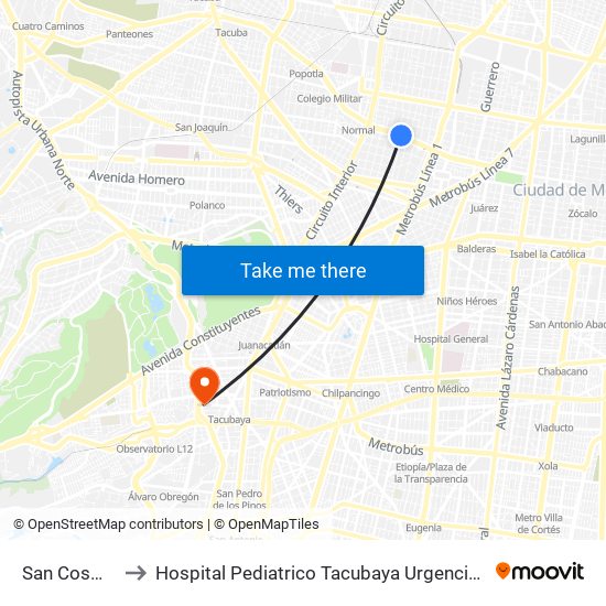 San Cosme to Hospital Pediatrico Tacubaya Urgencias map