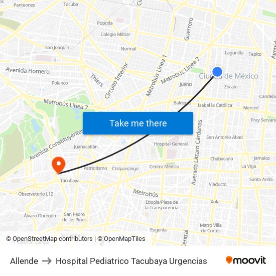 Allende to Hospital Pediatrico Tacubaya Urgencias map
